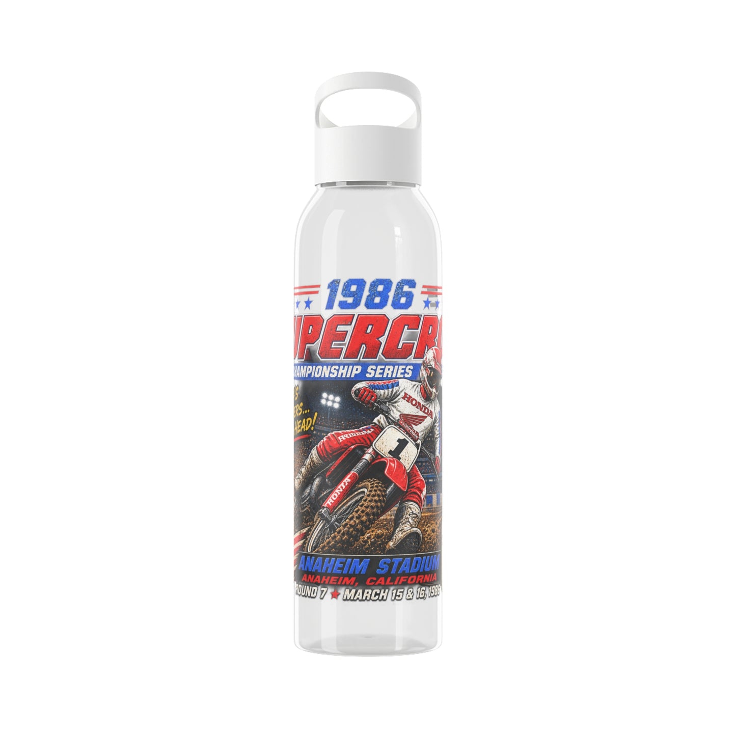 Supercross 1986 Moto Racing Water Bottle  Retro Motocross Champion Design