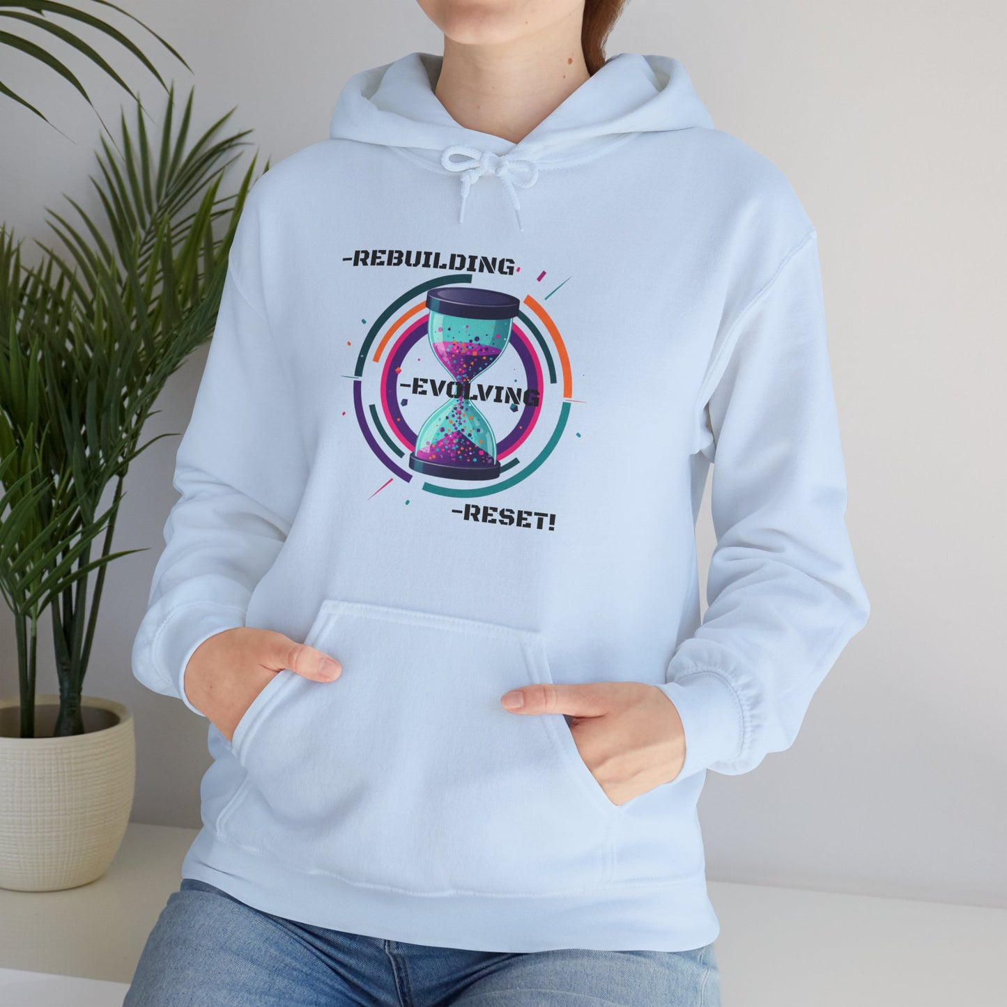 Sweat à capuche graphique inspirant : Reconstruire, Évoluer, Réinitialiser