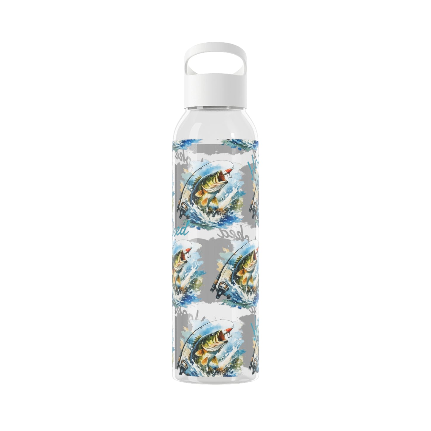 Bouteille d'eau graphique de pêche, poisson accroché, éclaboussures, bouteille de boisson