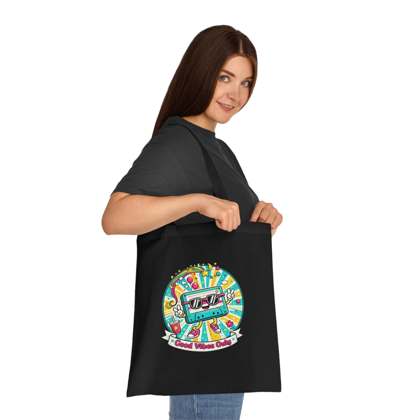 Retro Good Vibes Only Tote Bag | Colourful Cotton Shopping Bag | Reusable Retro Tote | 80s and  90s Inspired Gift