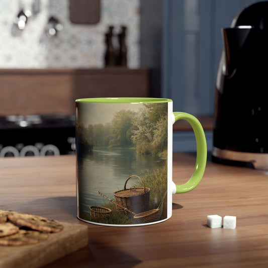 Two-Tone Coffee Mug -  Fishing Scene, with lifestyle Quote for Relaxation,