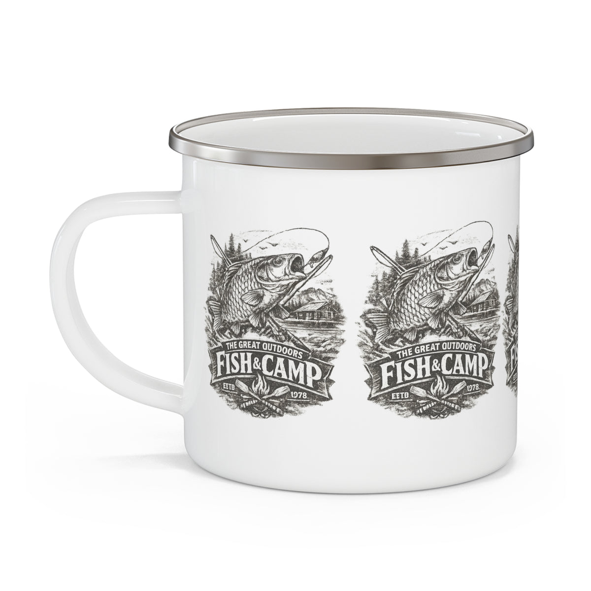 Tasse émaillée de pêche vintage Fish Camp