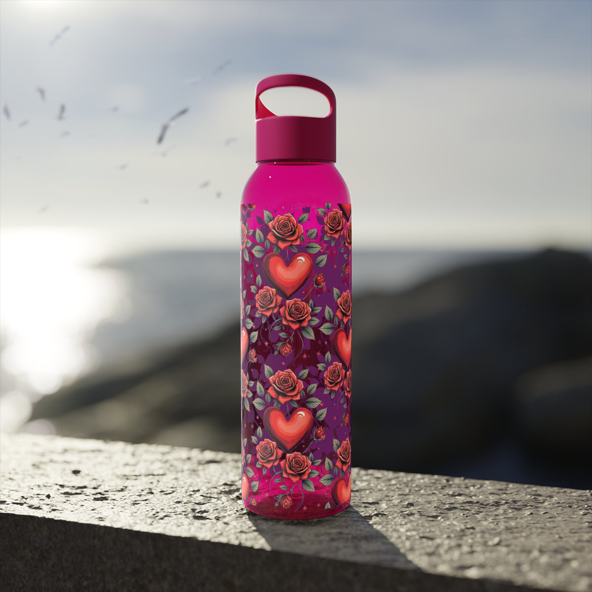 Wasserflasche mit Herz- & Rosenmuster — Blumen-Kunststoffflasche