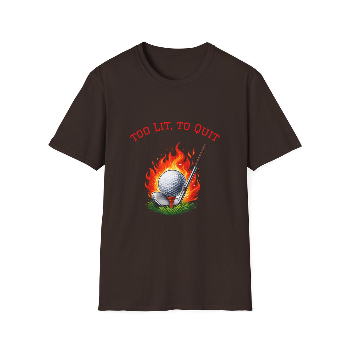 Golf-T-Shirt „Too Lit to Quit“ mit einzigartigem flammendem Golfball-Design