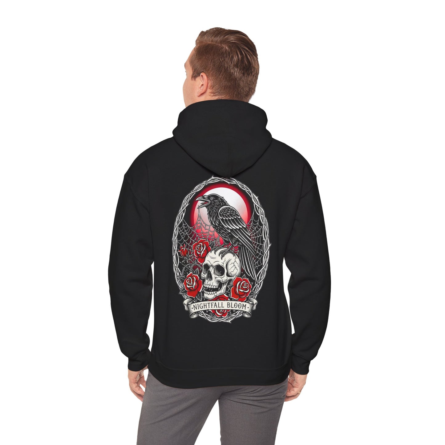 Nightfall Bloom Gothic Hoodie – Raven, Skull & Red Rose Halloween Hoodie