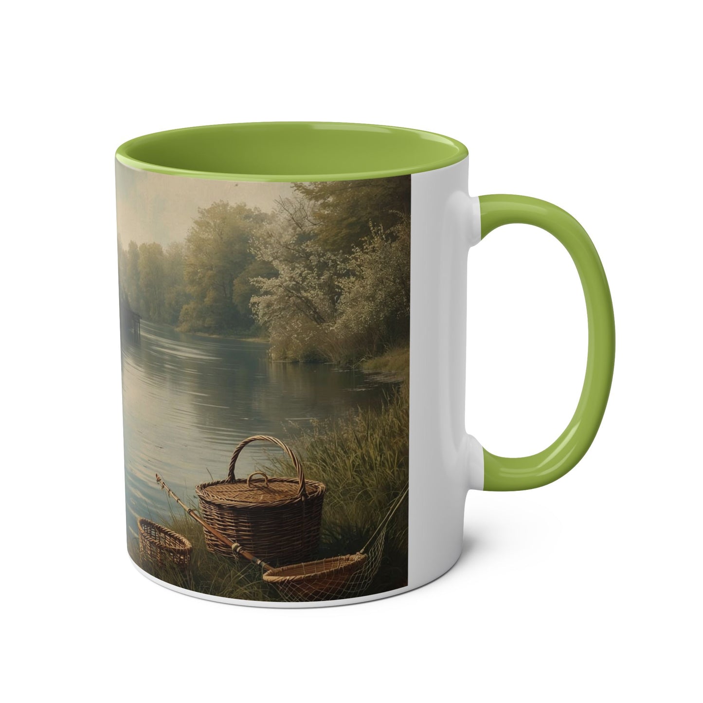 Two-Tone Coffee Mug -  Fishing Scene, with lifestyle Quote for Relaxation,