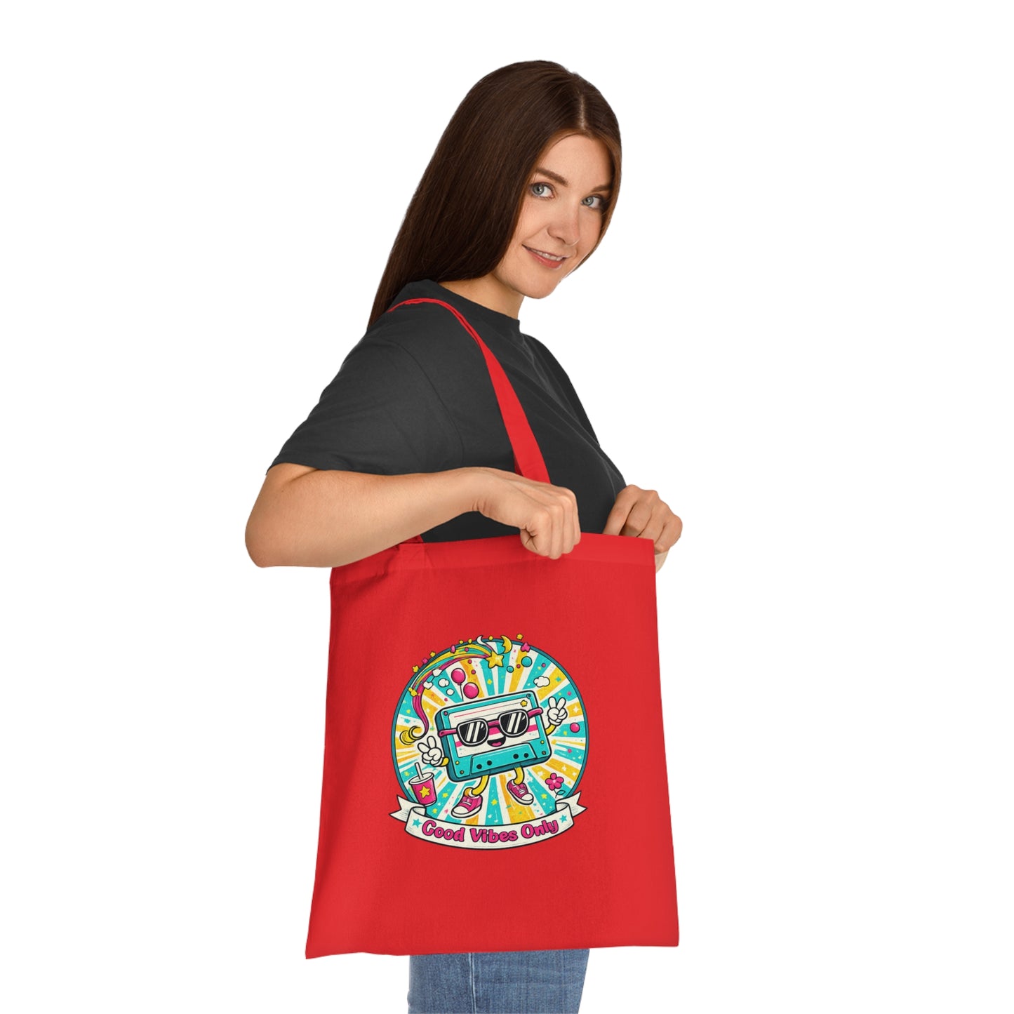 Retro Good Vibes Only Tote Bag | Colourful Cotton Shopping Bag | Reusable Retro Tote | 80s and  90s Inspired Gift