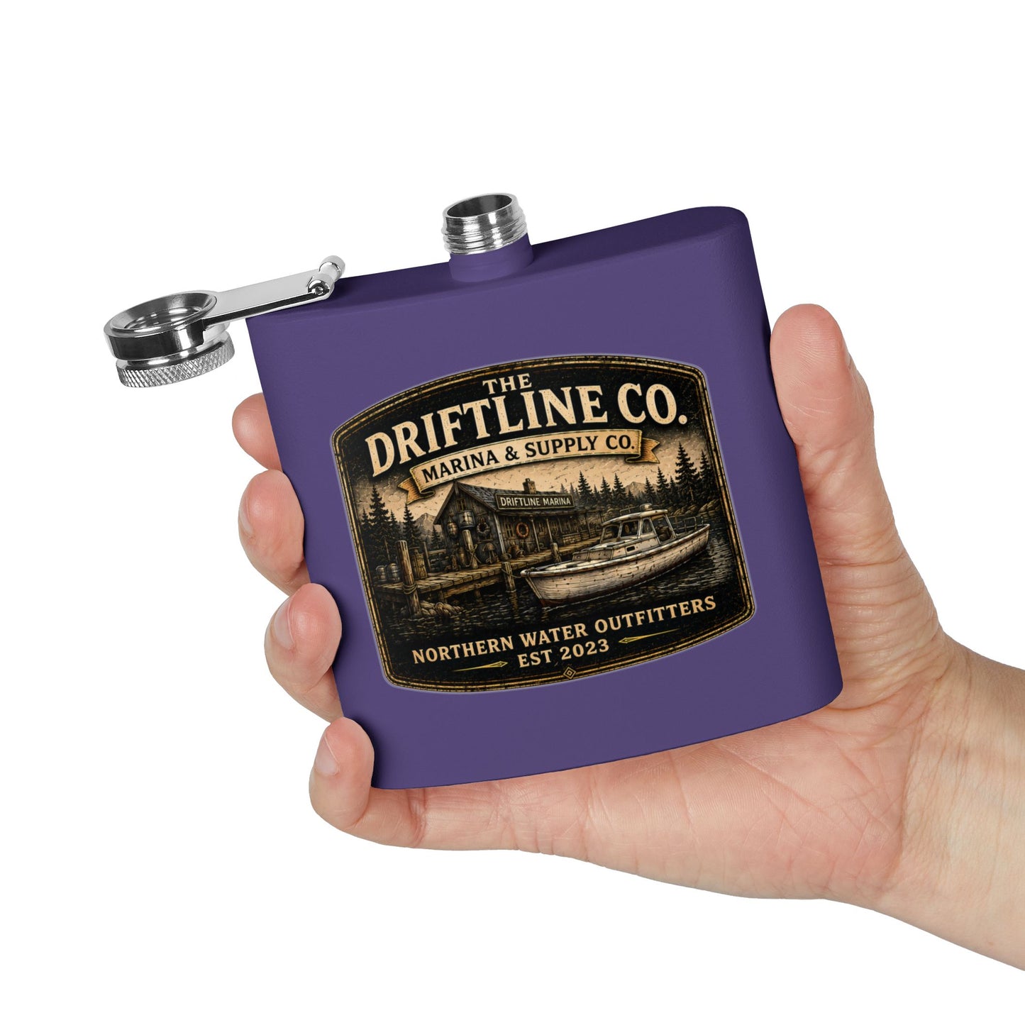 The Driftline Company Marina & Supply Co. Hip Flask | Northern Water Outfitters Stainless Steel Flask