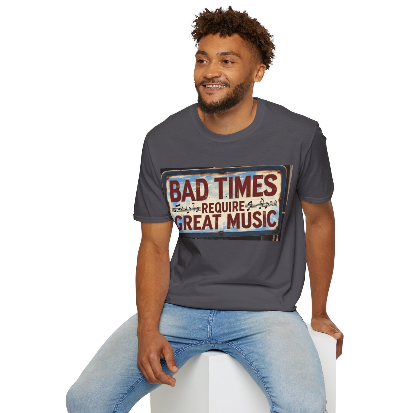 Bad Times Require Great Music T-Shirt | Unisex Softstyle Tee, Music Lovers Gift, Retro Graphic Tee, Festival Apparel, Casual Music Shirt