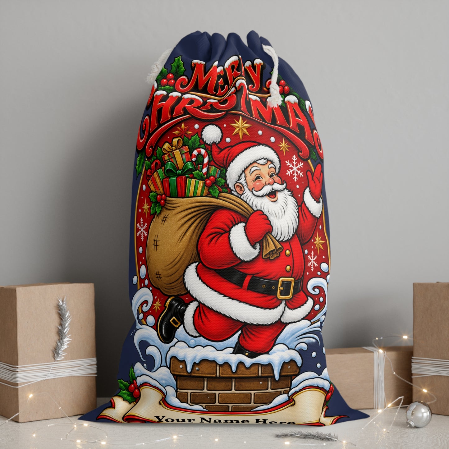 Personalised Santa Christmas Gift Sack – Navy Merry Christmas Sack