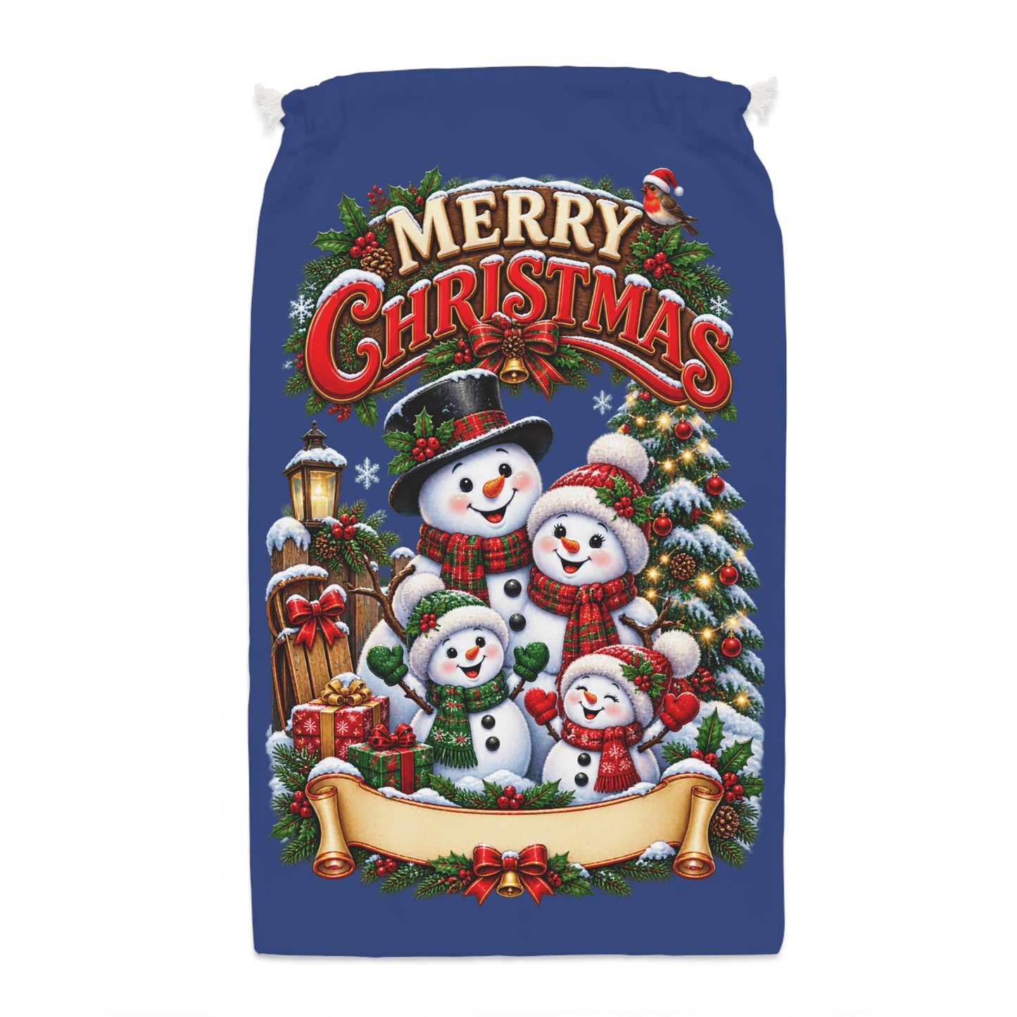 Personalised Snowman Family Christmas Sack – Blue Christmas Gift Sack