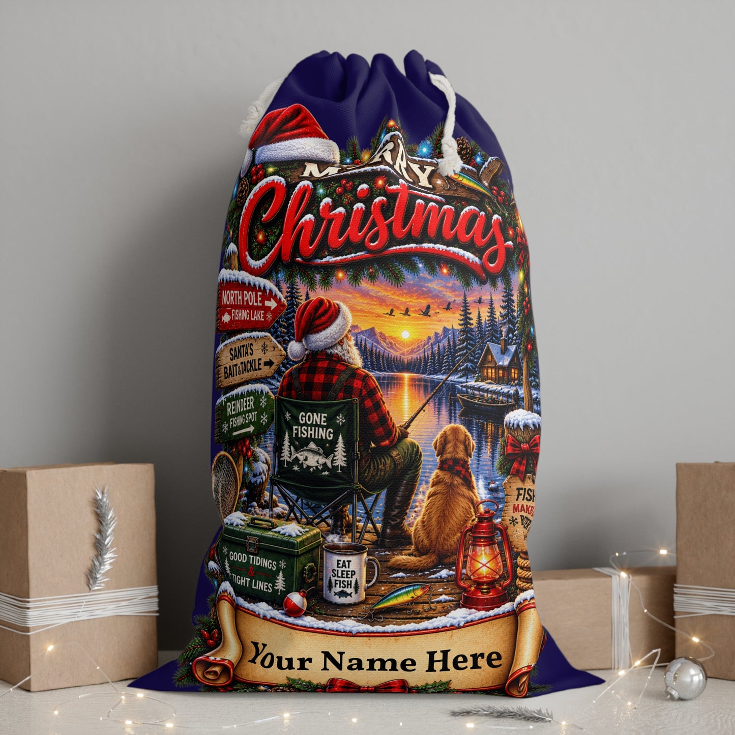 Personalised Christmas Fishing Gift Sack – North Pole Fishing Lake