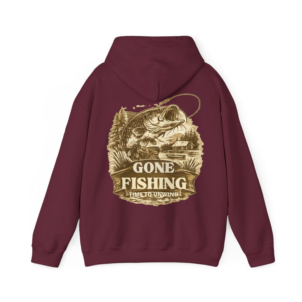 Gone Fishing Hoodie – Vintage Sepia Back Print Fishing Hoodie