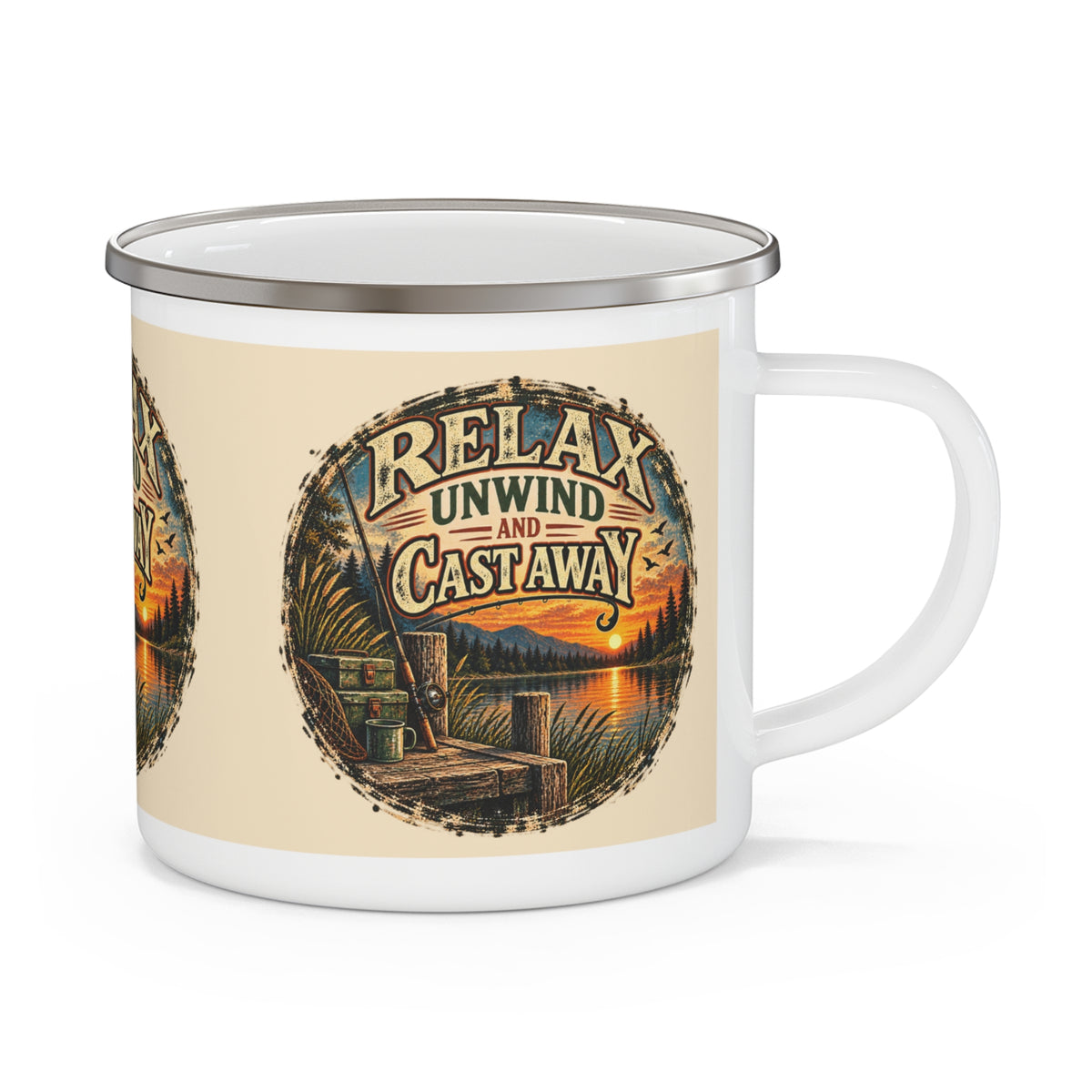 Relax, Unwind & Cast Away Enamel Mug – Vintage Fishing Mug