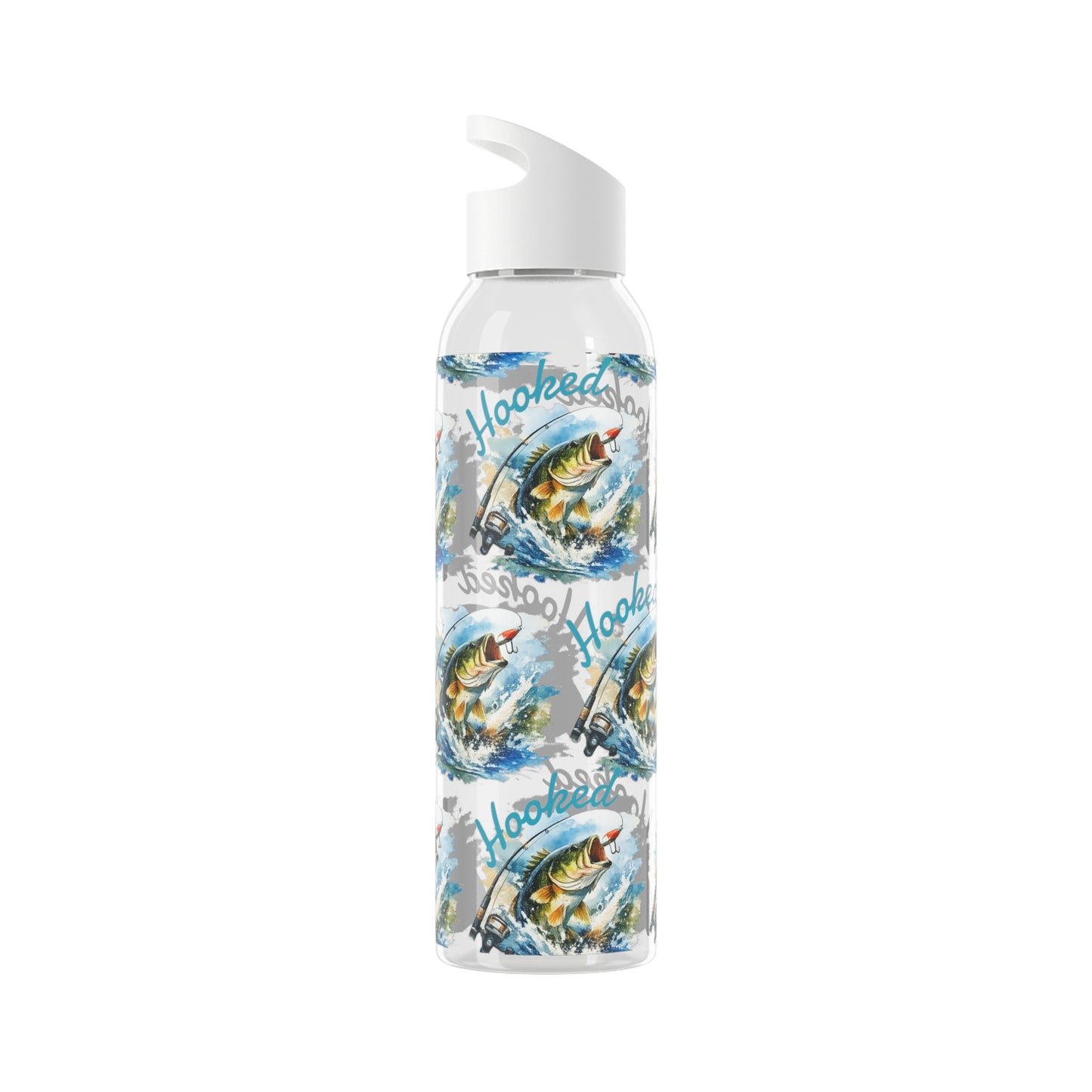 Bouteille d'eau graphique de pêche, poisson accroché, éclaboussures, bouteille de boisson