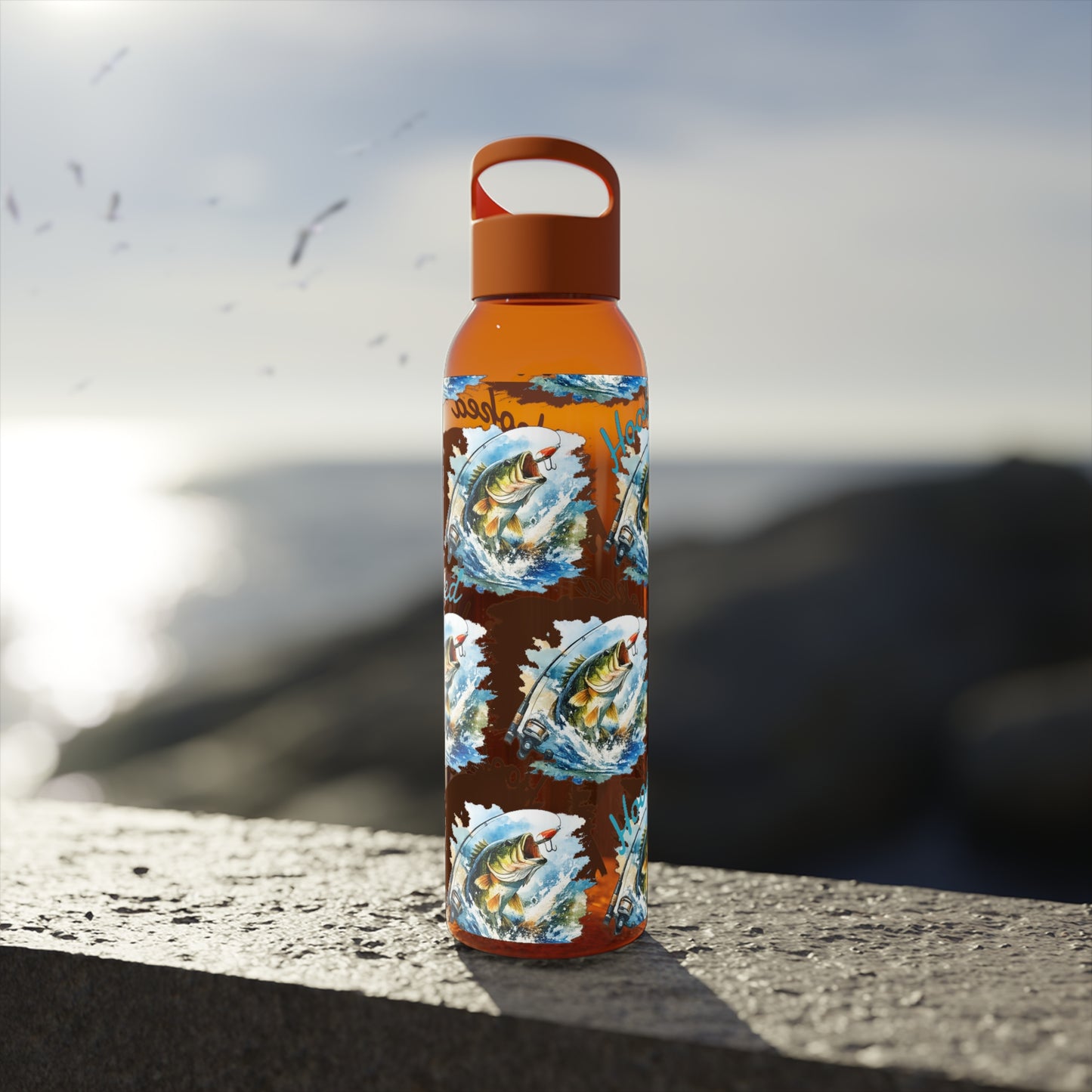 Bouteille d'eau graphique de pêche, poisson accroché, éclaboussures, bouteille de boisson