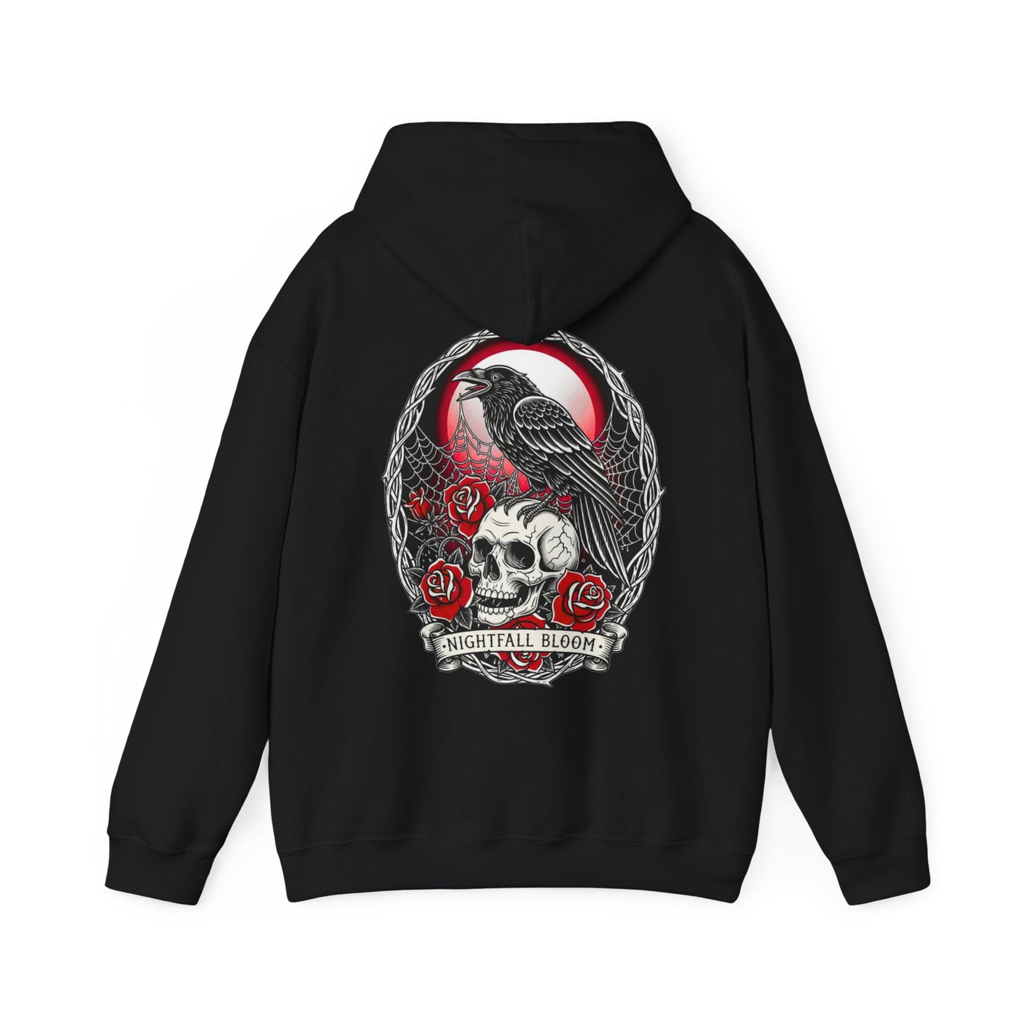 Nightfall Bloom Gothic Hoodie – Raven, Skull & Red Rose Halloween Hoodie