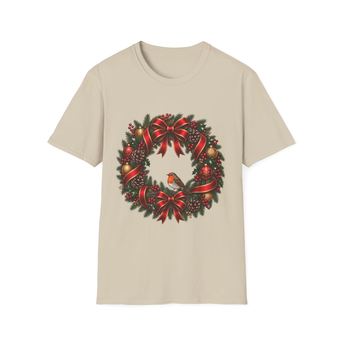 Christmas Wreath & Robin T-Shirt – Festive Botanical Tee
