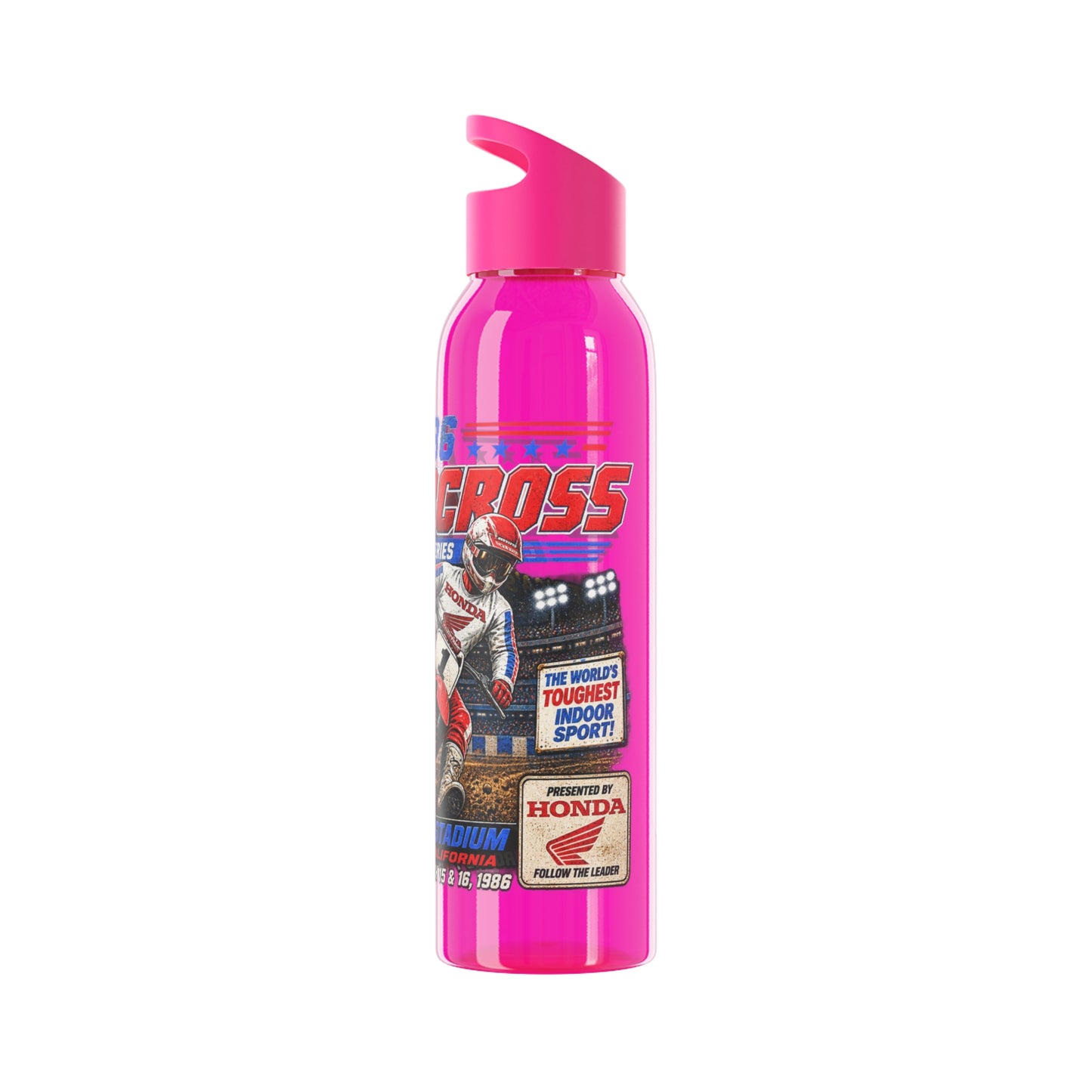 Supercross 1986 Moto Racing Water Bottle  Retro Motocross Champion Design