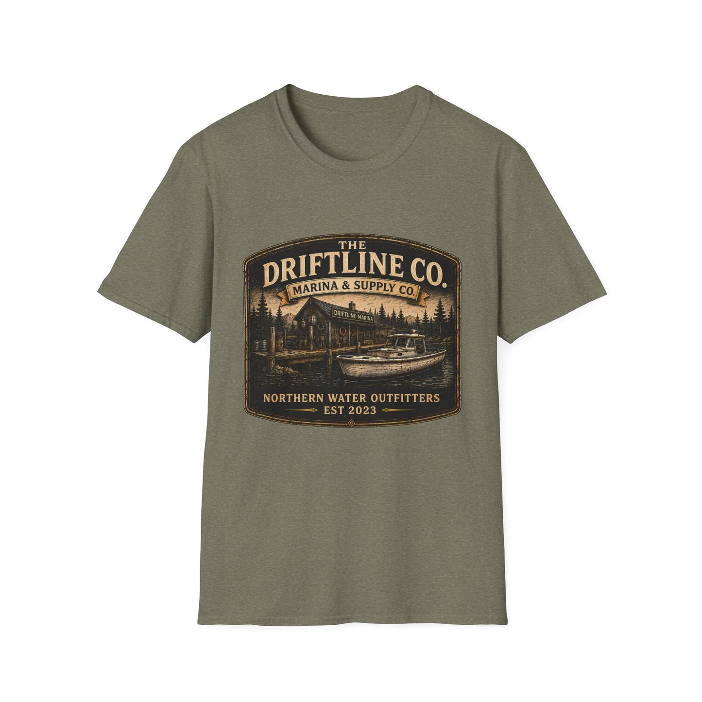 The Driftline Company Marina & Supply Co. Northern Water Outfitters Graphic T-Shirt | Vintage Fishing Tee