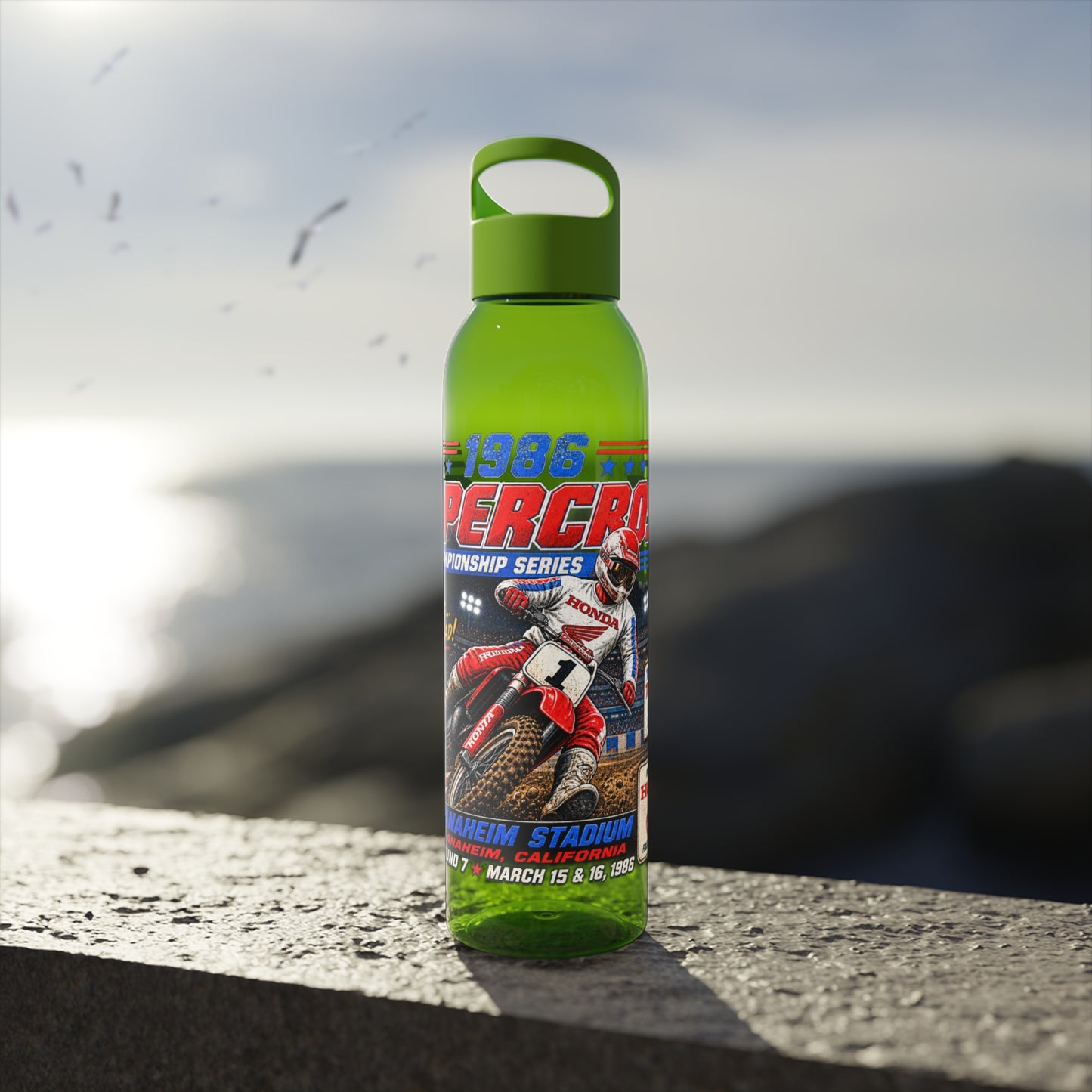 Supercross 1986 Moto Racing Water Bottle  Retro Motocross Champion Design