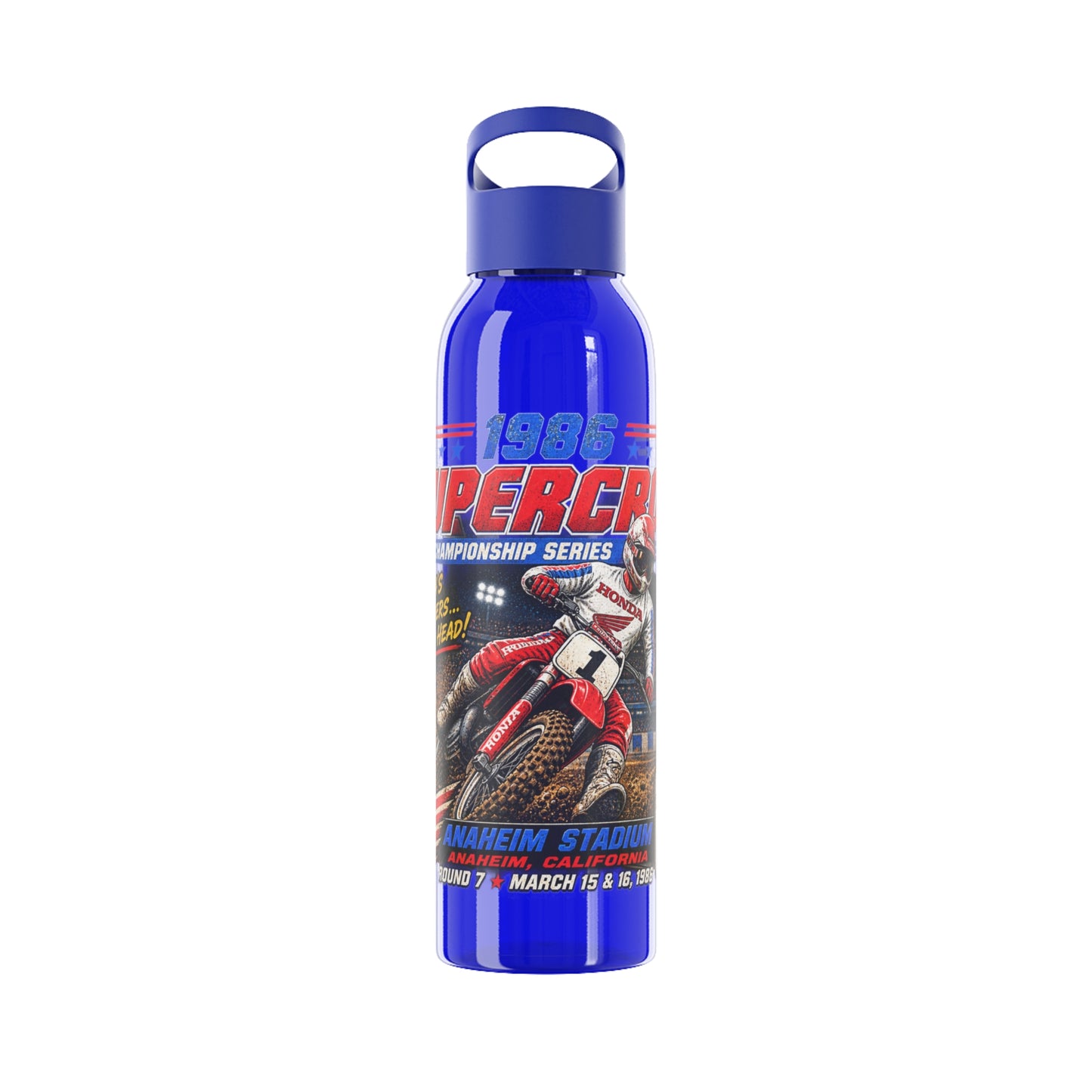 Supercross 1986 Moto Racing Water Bottle  Retro Motocross Champion Design