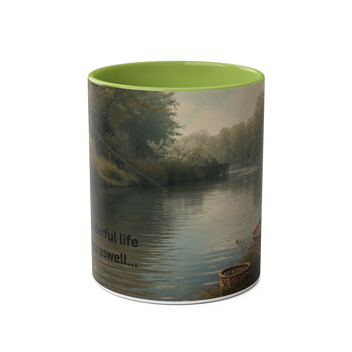 Two-Tone Coffee Mug -  Fishing Scene, with lifestyle Quote for Relaxation,