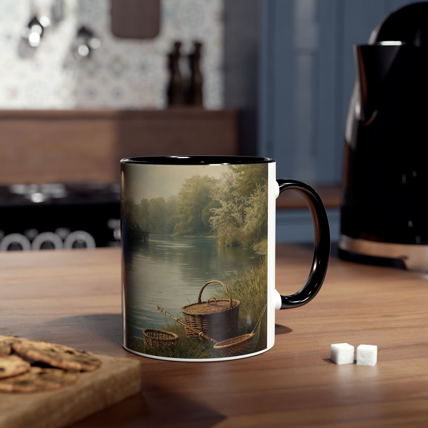 Two-Tone Coffee Mug -  Fishing Scene, with lifestyle Quote for Relaxation,