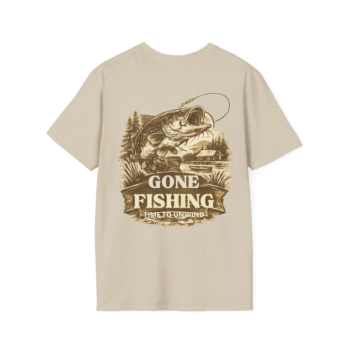 Gone Fishing Back Print T-Shirt – Vintage Sepia Fishing Tee