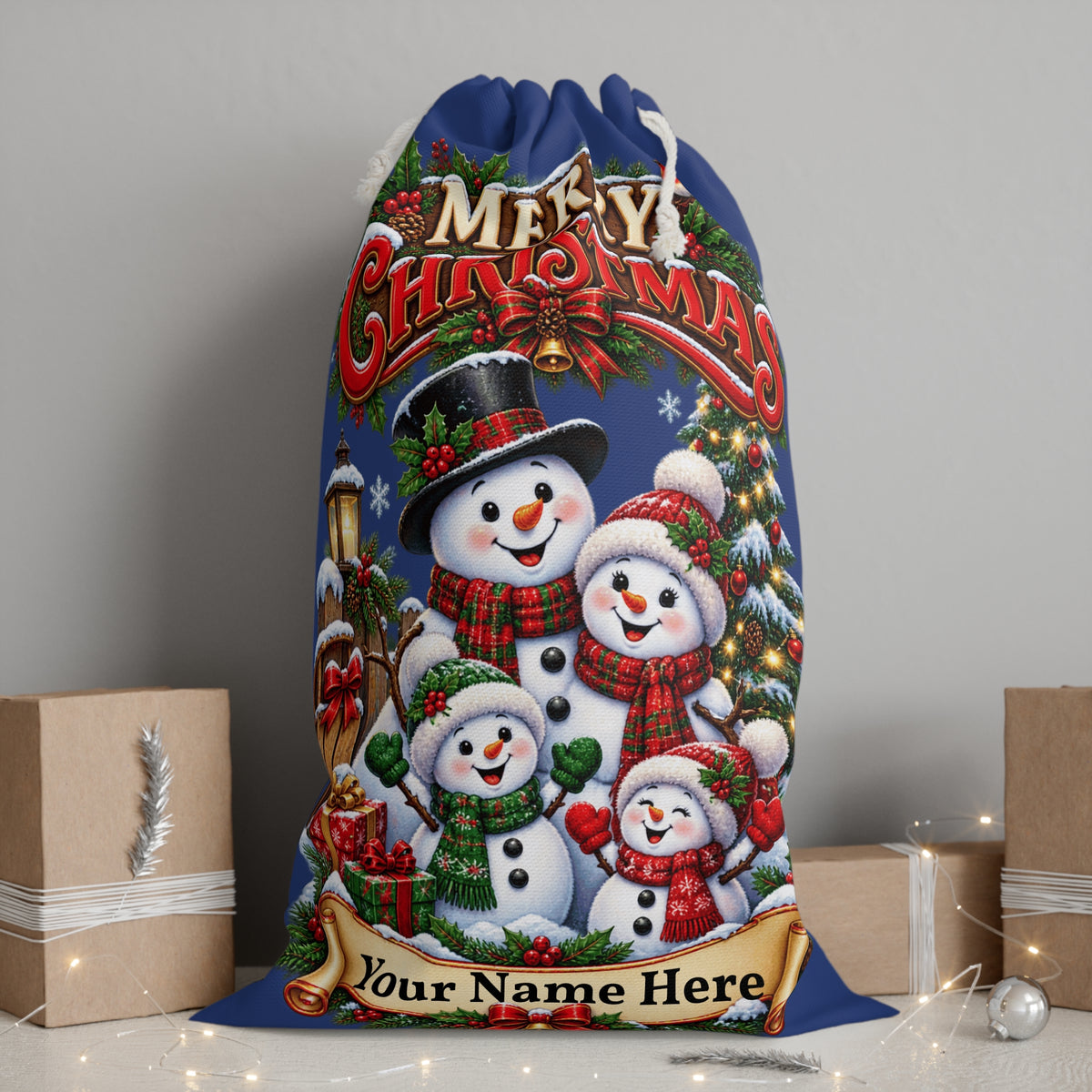 Personalised Snowman Family Christmas Sack – Blue Christmas Gift Sack