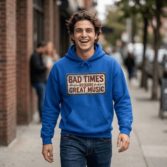 Bad Times Require Great Music Hoodie | Vintage Music Lover Hoodie | Unisex Graphic Pullover | Concert & Festival Gift - SJM Print Store