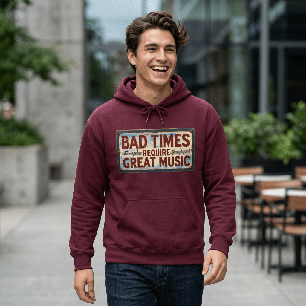 Bad Times Require Great Music Hoodie | Vintage Music Lover Hoodie | Unisex Graphic Pullover | Concert & Festival Gift - SJM Print Store