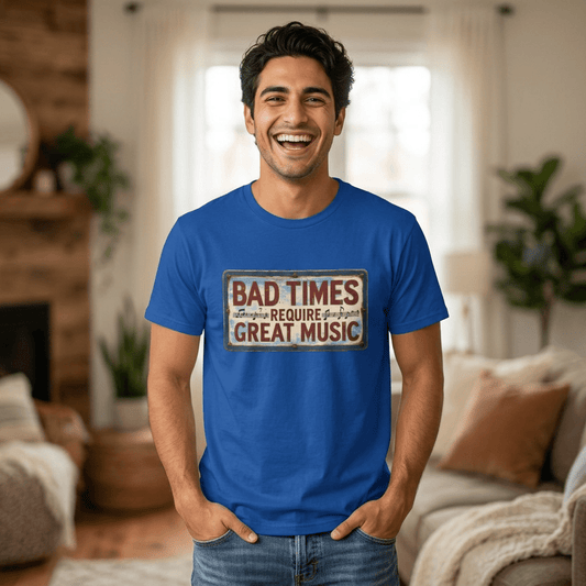 Bad Times Require Great Music T-Shirt | Vintage Music Lover Tee | Retro Graphic Unisex Shirt | Concert & Festival Gift - SJM Print Store