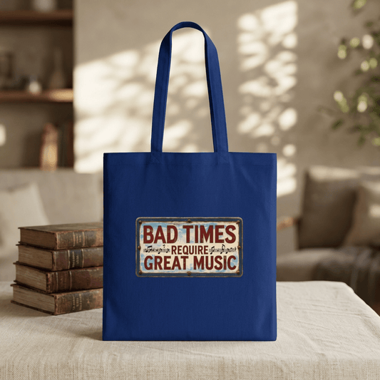 Bad Times Require Great Music Tote Bag | Vintage Music Lover Cotton Shopper | Reusable Double-Sided Shopping Bag | Festival Gift - SJM Print Store