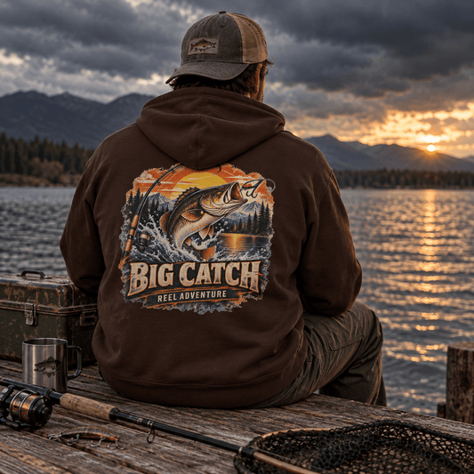 Big Catch Reel Adventure Back Print Hoodie – Vintage Fishing Hoodie - SJM Print Store