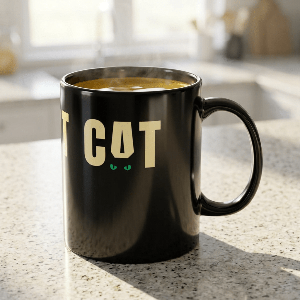 CAT Black Coffee Mug | Funny Cat Lover Ceramic Mug | Minimalist Black Cat Mug | Everyday Coffee Cup - SJM Print Store