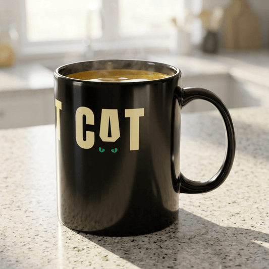 CAT Black Coffee Mug | Funny Cat Lover Ceramic Mug | Minimalist Black Cat Mug | Everyday Coffee Cup - SJM Print Store