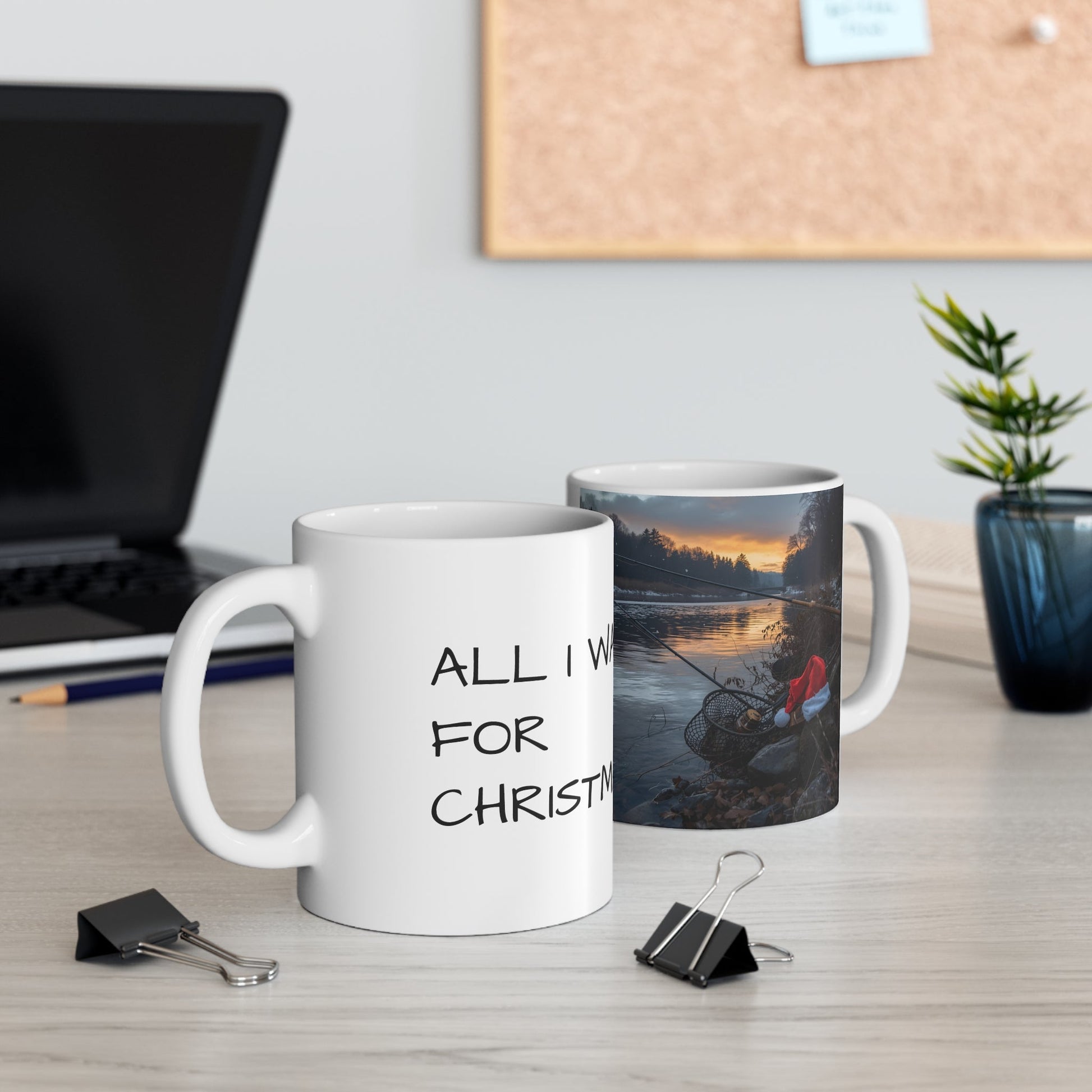 Ceramic Fishing Mug - All I Want for Christmas Mug - Holiday Gift, Festive Kitchen Decor, Xmas Present - SJM Print Store