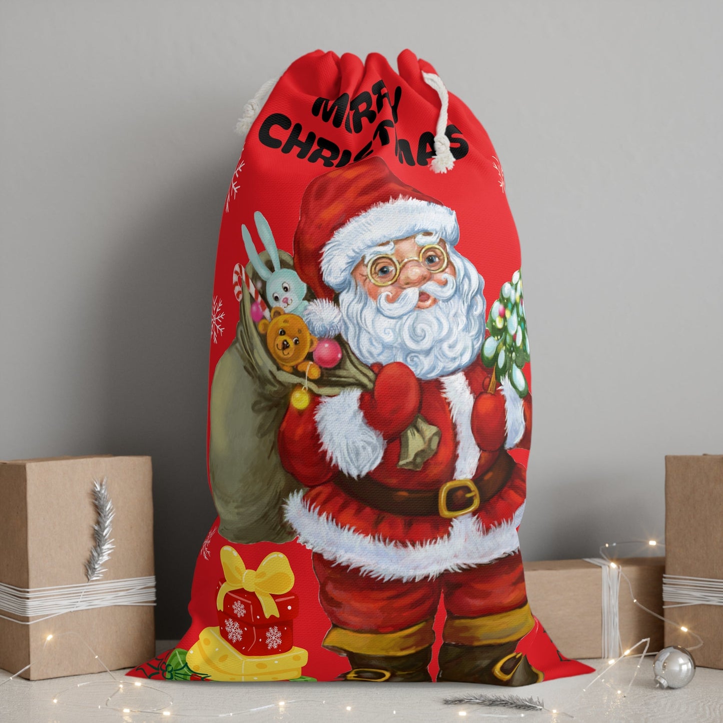 Christmas Santa Gift Sack, Holiday Storage Bag, Festive Gift Wrap, Merry Christmas Decoration - SJM Print Store