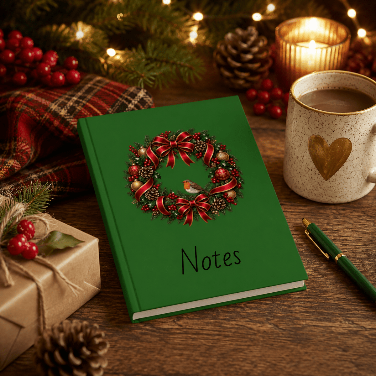 Christmas Wreath & Robin Notebook – Festive Hardback Journal - SJM Print Store
