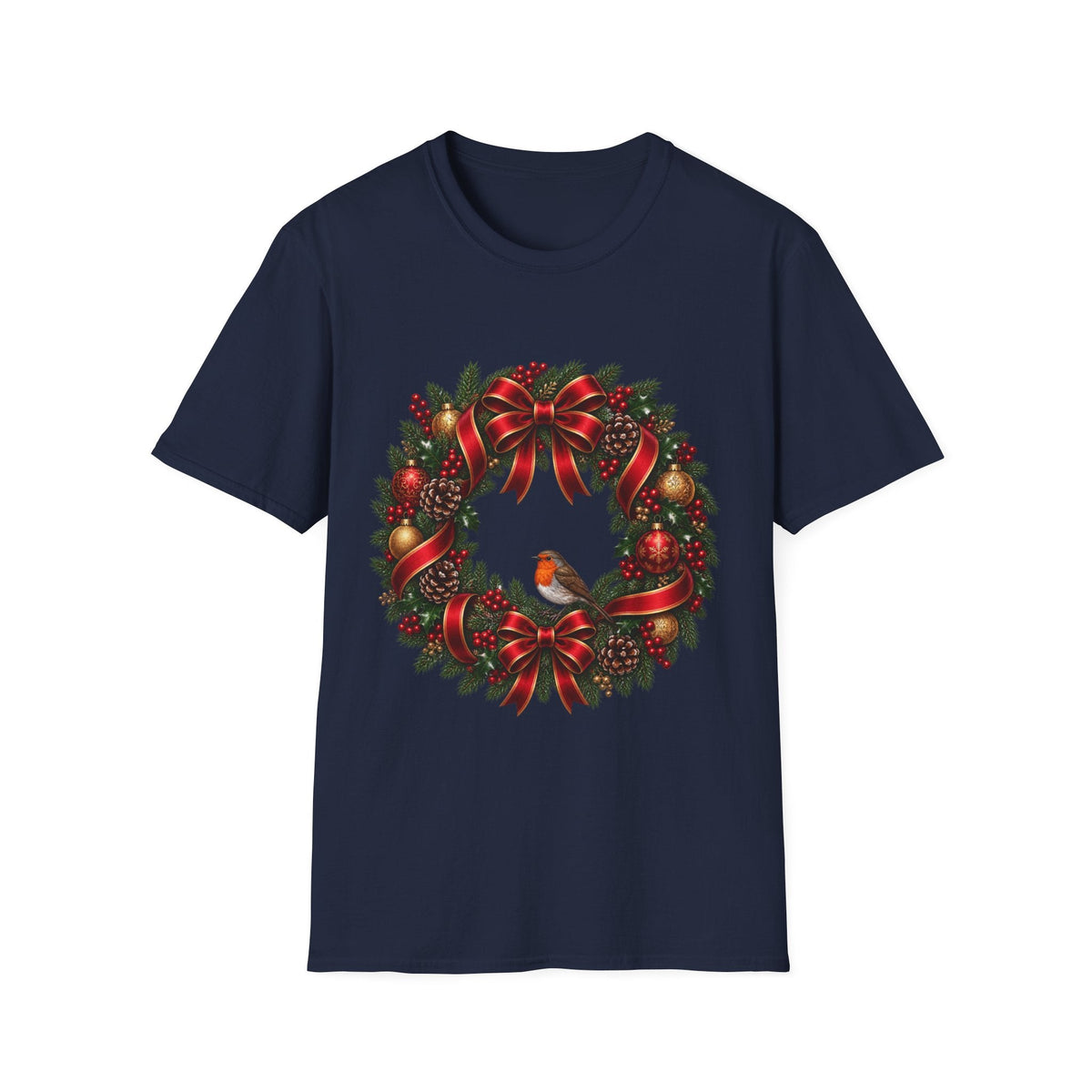 Christmas Wreath & Robin T-Shirt – Festive Botanical Tee - SJM Print Store