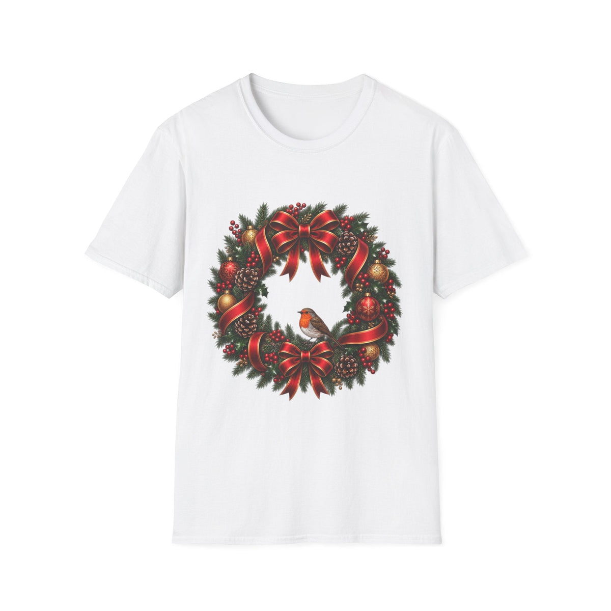 Christmas Wreath & Robin T-Shirt – Festive Botanical Tee - SJM Print Store
