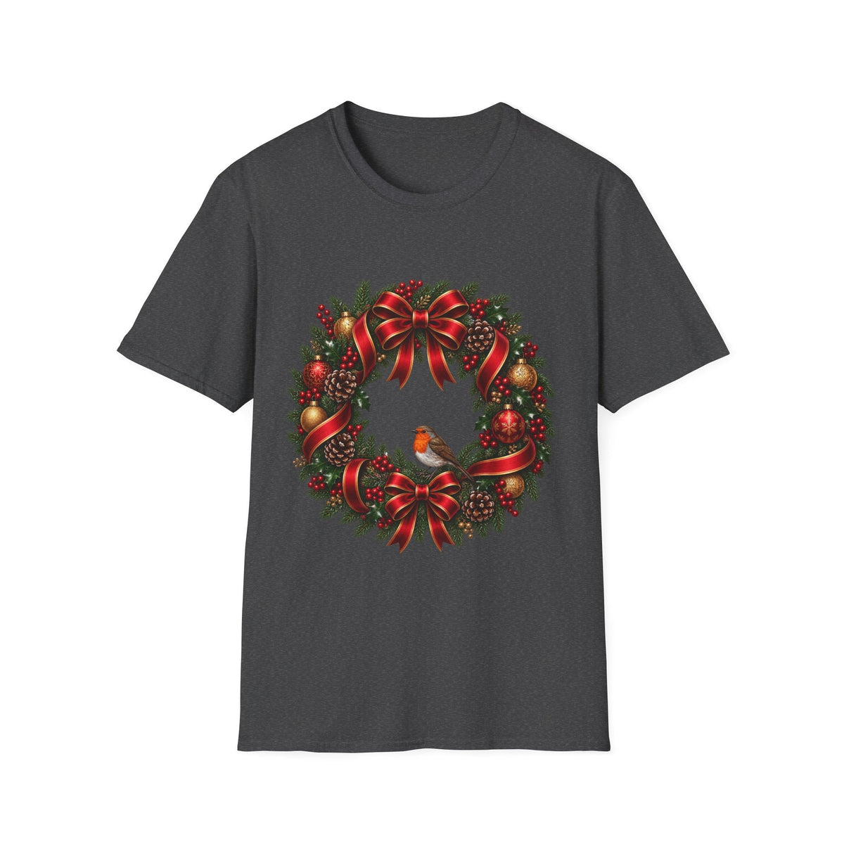 Christmas Wreath & Robin T-Shirt – Festive Botanical Tee - SJM Print Store