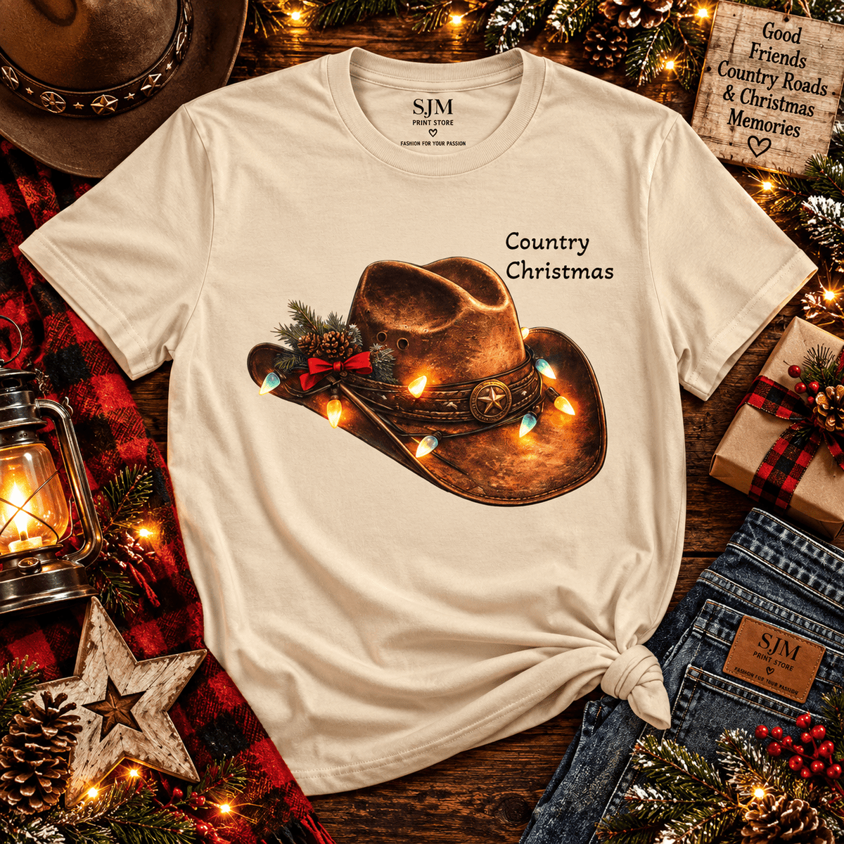 Country Christmas Cowboy Hat T-Shirt - SJM Print Store