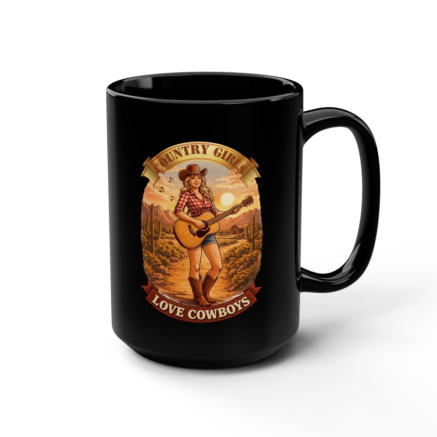 Country Girls Love Cowboys 15oz Black Mug â€“ Vintage Cowgirl Guitar Design - SJM Print Store