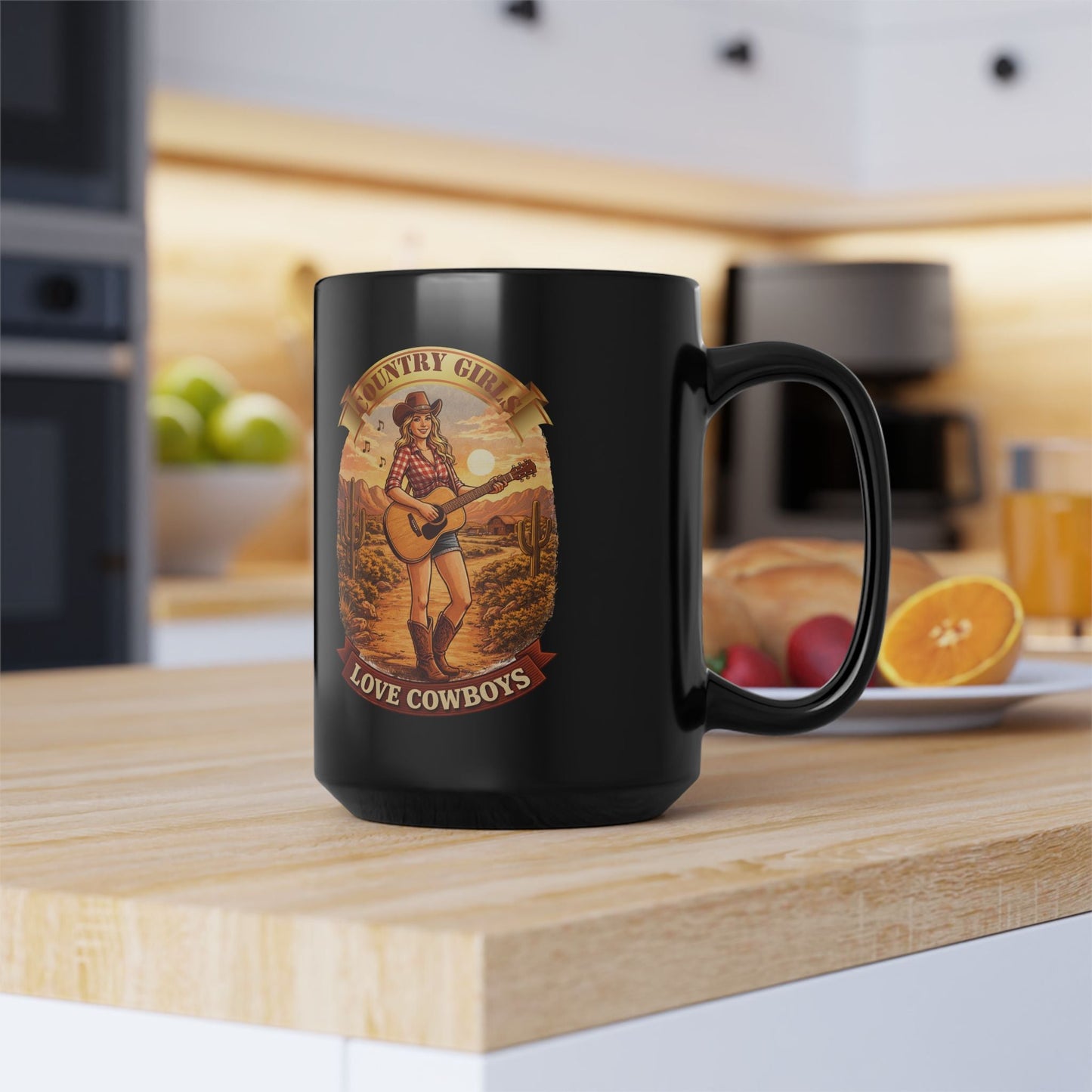 Country Girls Love Cowboys 15oz Black Mug â€“ Vintage Cowgirl Guitar Design - SJM Print Store