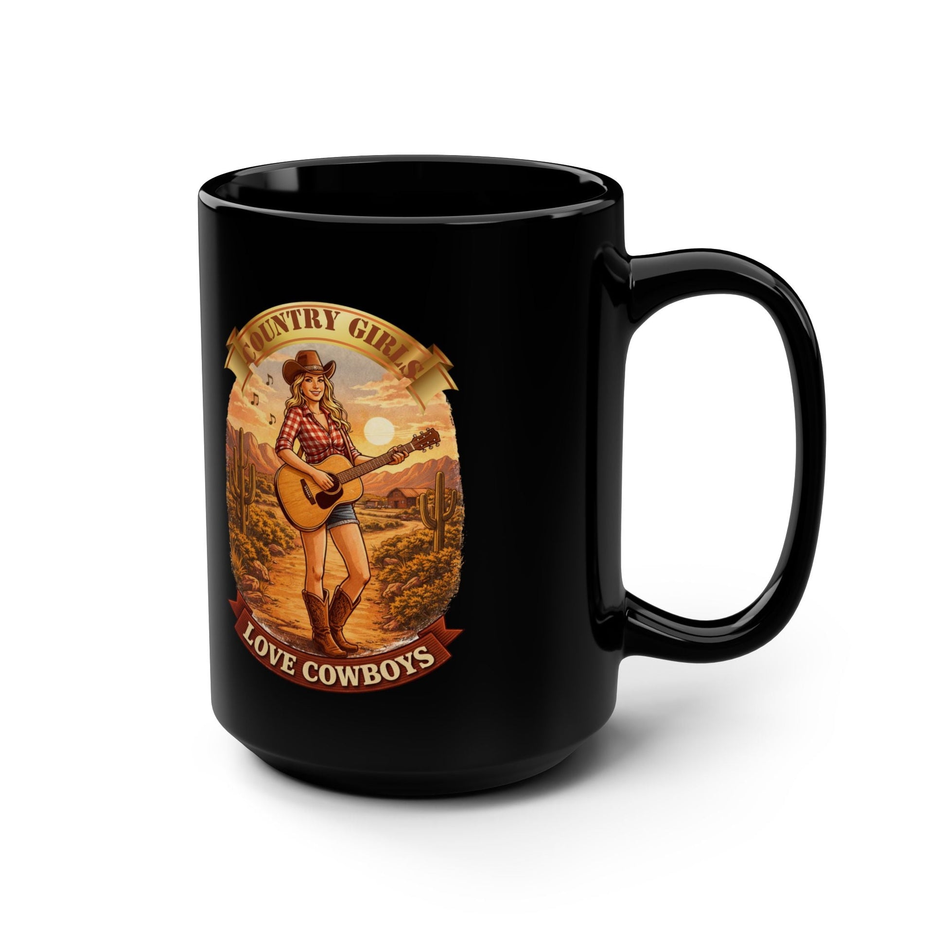 Country Girls Love Cowboys 15oz Black Mug â€“ Vintage Cowgirl Guitar Design - SJM Print Store