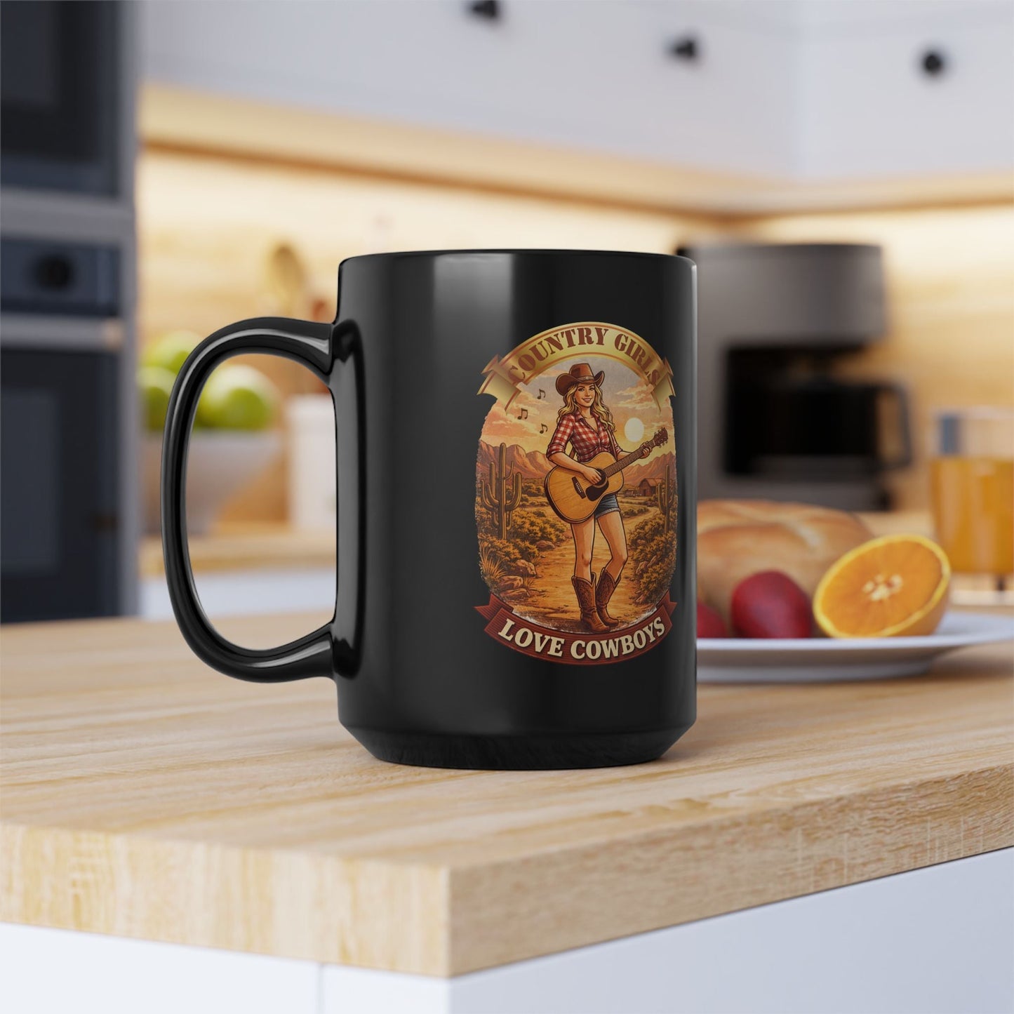 Country Girls Love Cowboys 15oz Black Mug â€“ Vintage Cowgirl Guitar Design - SJM Print Store