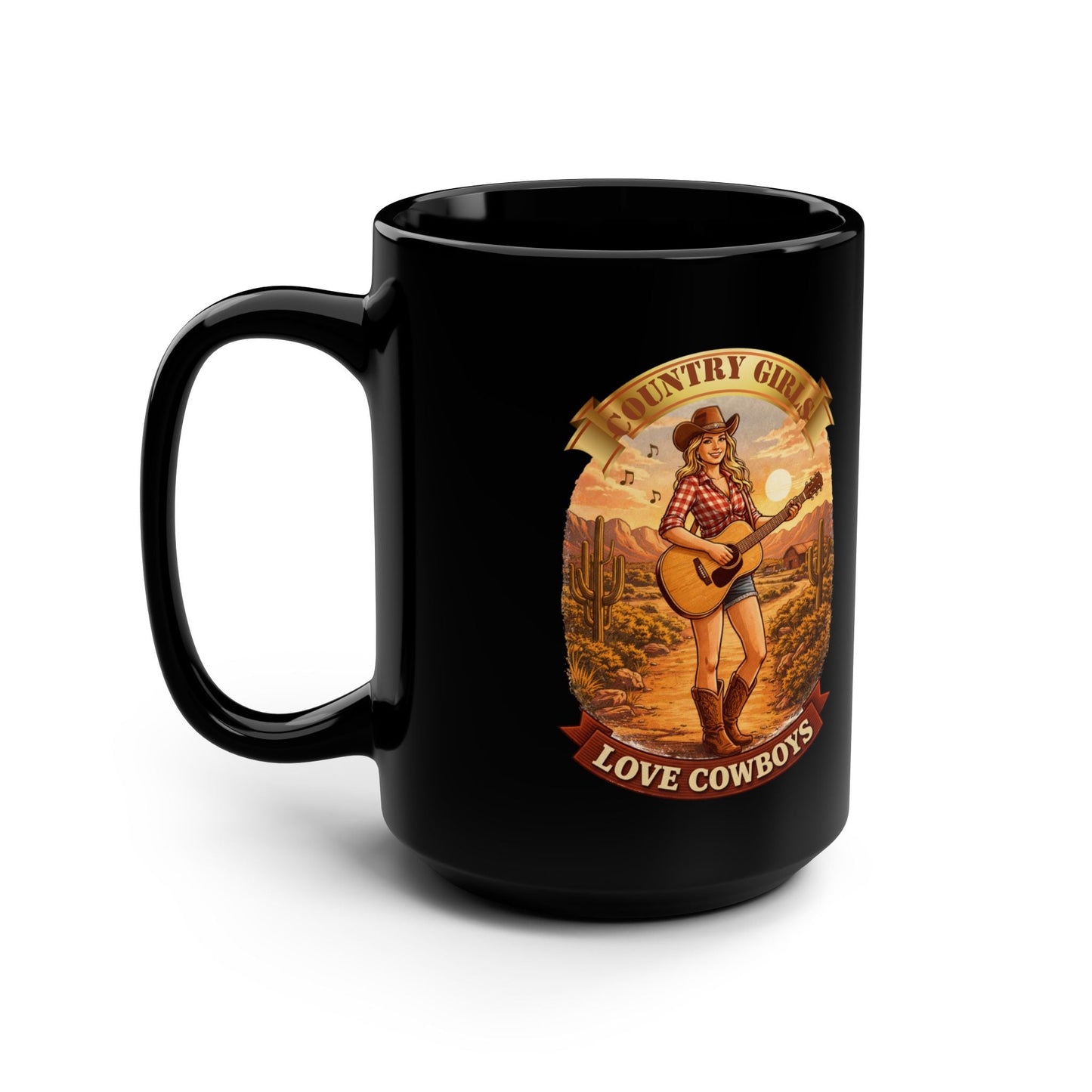 Country Girls Love Cowboys 15oz Black Mug â€“ Vintage Cowgirl Guitar Design - SJM Print Store