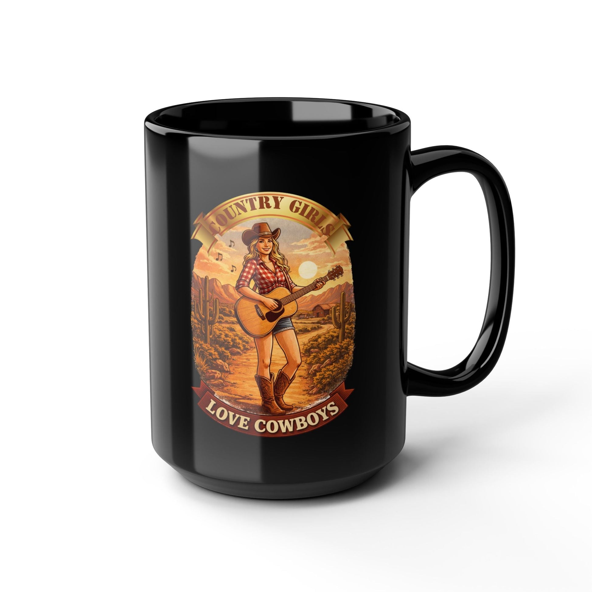 Country Girls Love Cowboys 15oz Black Mug â€“ Vintage Cowgirl Guitar Design - SJM Print Store